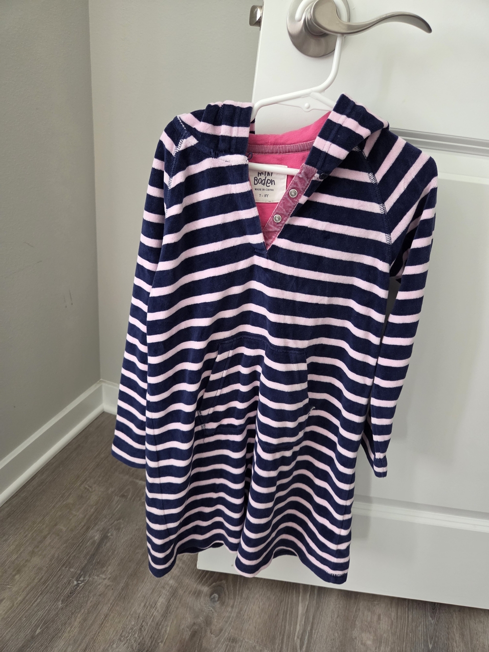 Mini Boden Girls' Navy and Pink Striped Hooded Velour Dress